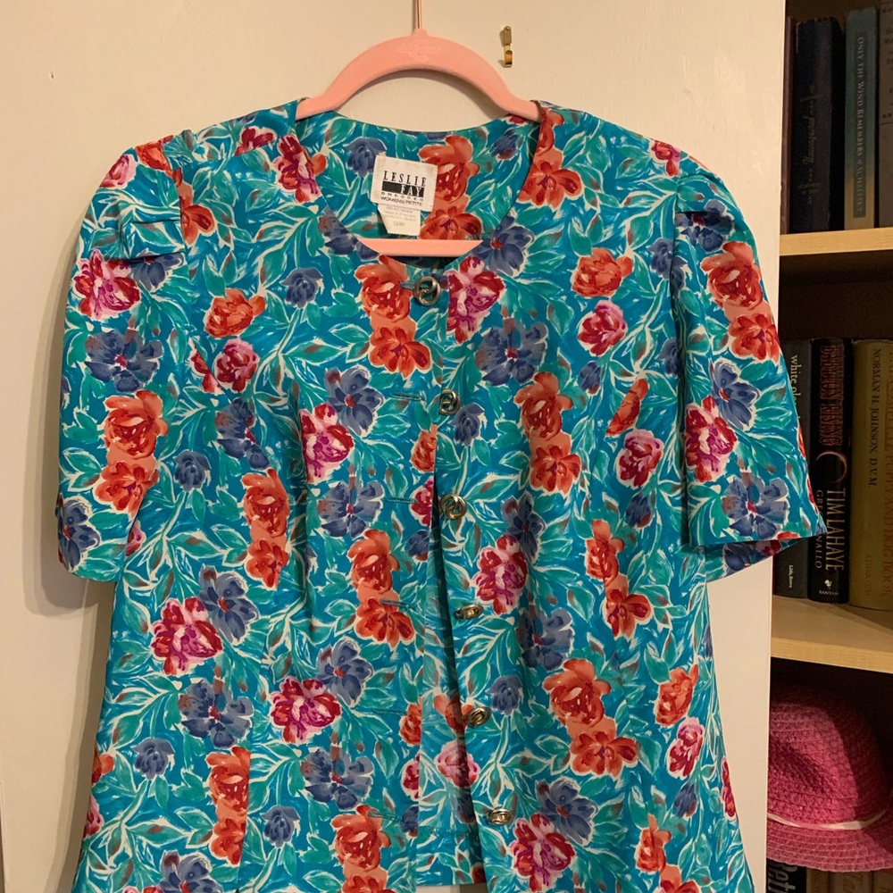 Leslie Fay Floral Top in Teal, Red, and Purple